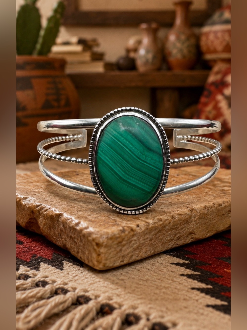 Navajo Native American Sterling Silver Malachite Mens Womens Cuff Bracelet 7 1/8